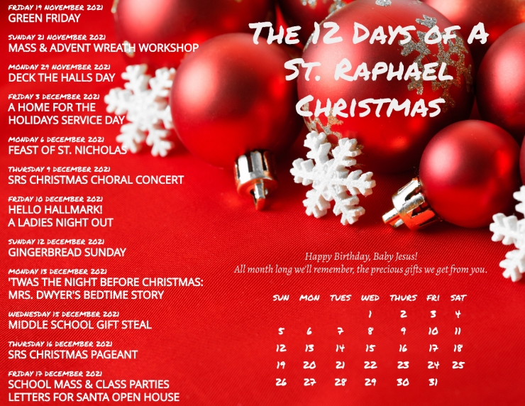 Christmas calendar with entries for 12 days of celebration