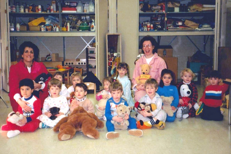 Preschool students and teachers in PJs for Pajama Day in 1988
