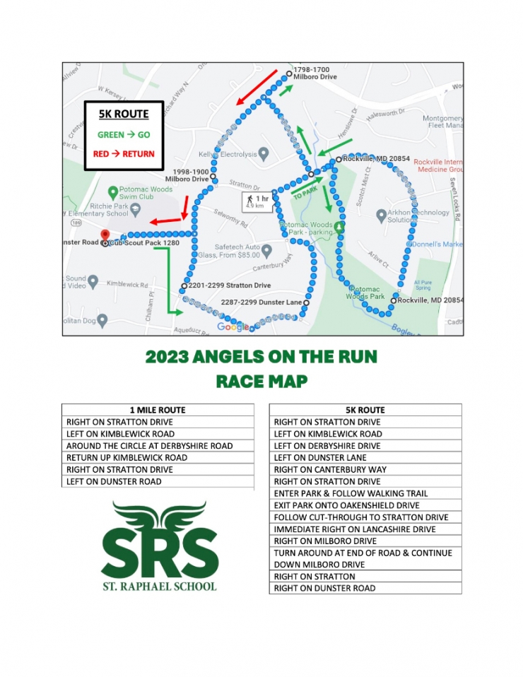 Map with route and directions for 5K, 1-Miler, and Cherub Run